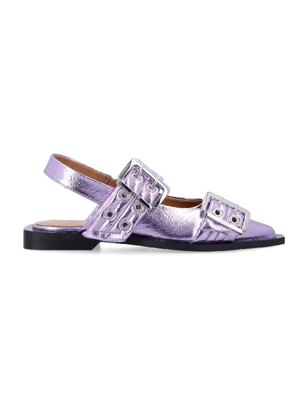 Shoes for earthy laps -GANNI Metallic Feminine Buckle Ballerinas with Block Heel