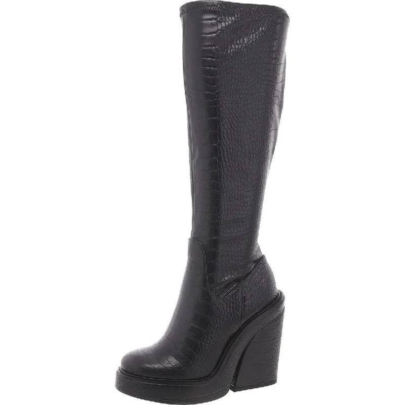 Boots for long frost events -Steve Madden Womens Aligned Croc Print Block Heel Mid-Calf Boots