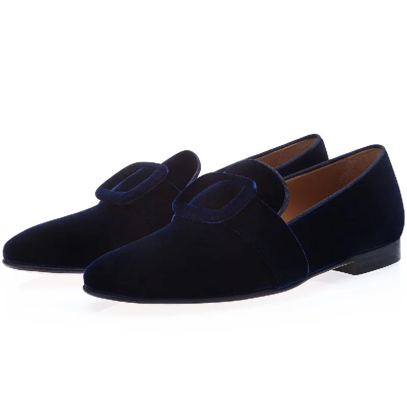 Slippers with plump padding -SUPERGLAMOUROUS Savoy Men's Shoes Navy Velour Velvet Slipper Loafers (SPGM1308)