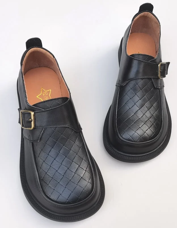 Affordable loafers for budget evenings-Front Buckle Retro Leather Wide Toe Box Loafers