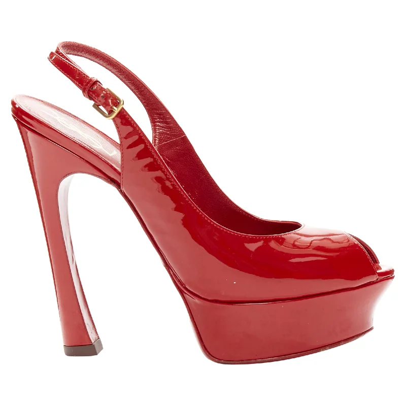 Soft high heels for cozy nights-Yves Saint Laurent patent peep toe platform slingback heels