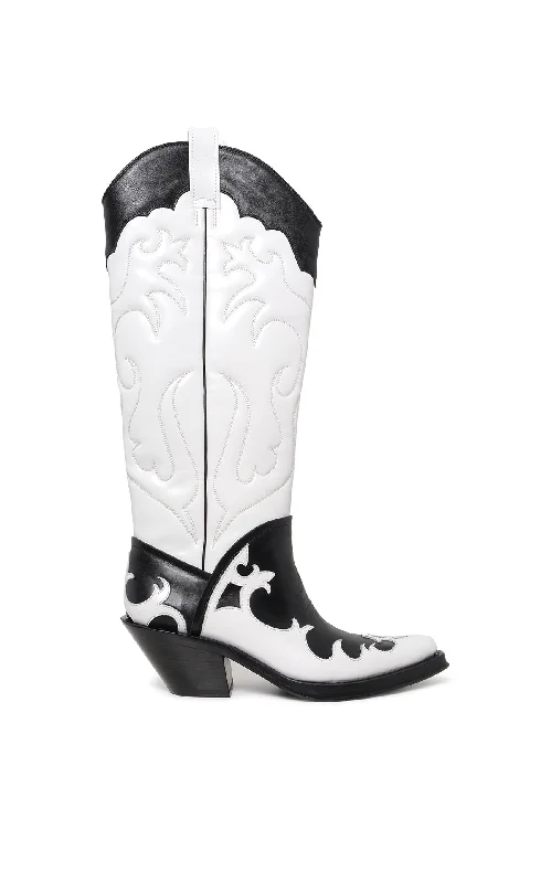 Boots with subtle suede overlays -Capitana Cowboy Boot in White & Black Pearlized Leather